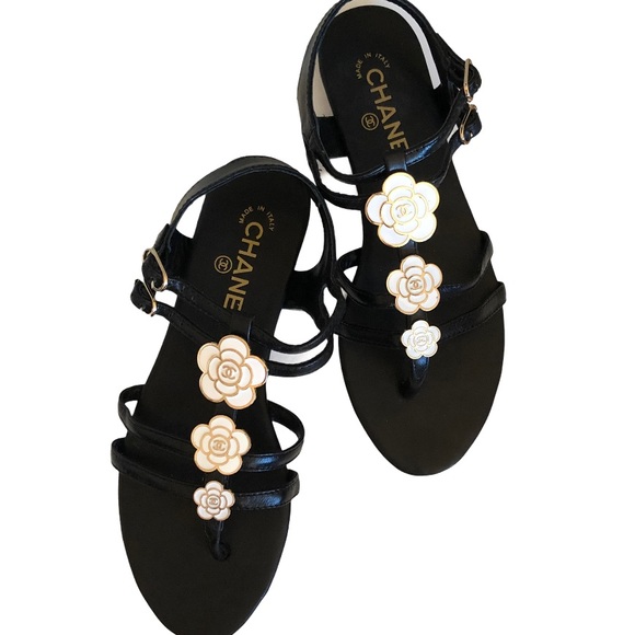 Chanel Leather Enamel Camellia Flower Sandals Sz 9 - Picture 4 of 10